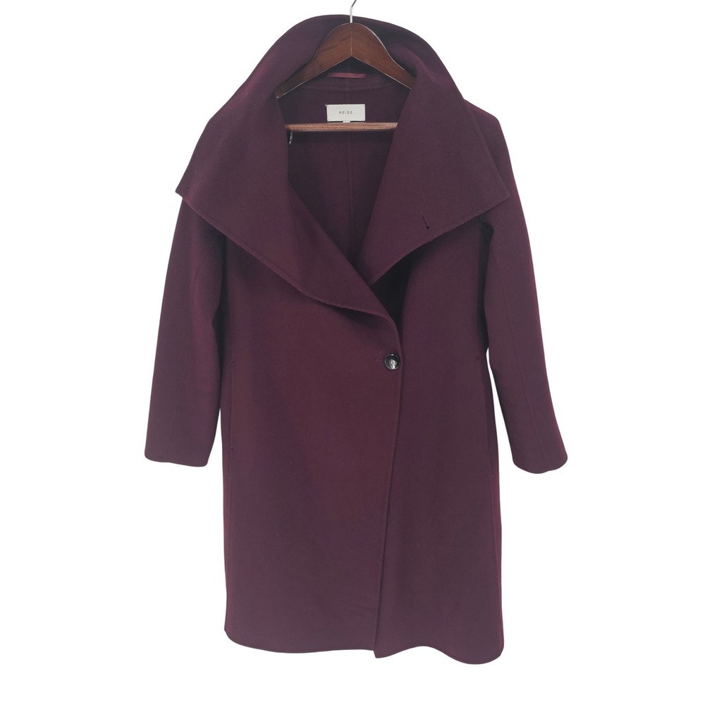 Reiss Burgundy Wool Blend Shawl Collar Wrap Coat Womens Size Medium Wine Red